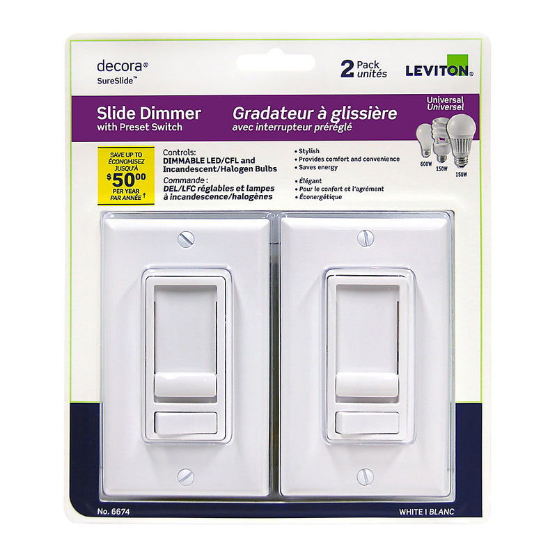 Leviton 6674-2PK SureSlide Universal Slide Dimmer With Preset Switch(2 Pack) Single Pole and 3-Way White (Wall Plate Include)