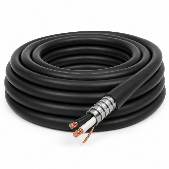 12/2 TECK90 armoured copper cable with black and white insulated conductors and bare copper ground, coiled on a white background.