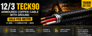 12/3 TECK90 armoured copper cable banner image with sold per meter callout, 600V rating, wet-location and direct burial suitability, and power/control application highlights.