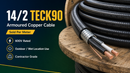 14/2 TECK90 armoured copper cable hero image with rippled black jacket, 600V rating, outdoor wet-location use and sold-per-meter callout