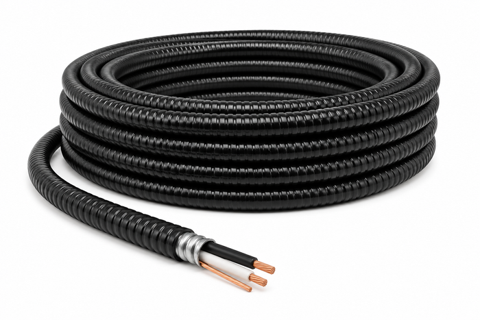 14/2 TECK90 armoured copper cable coiled on a white background with black and white insulated conductors and bare copper ground exposed