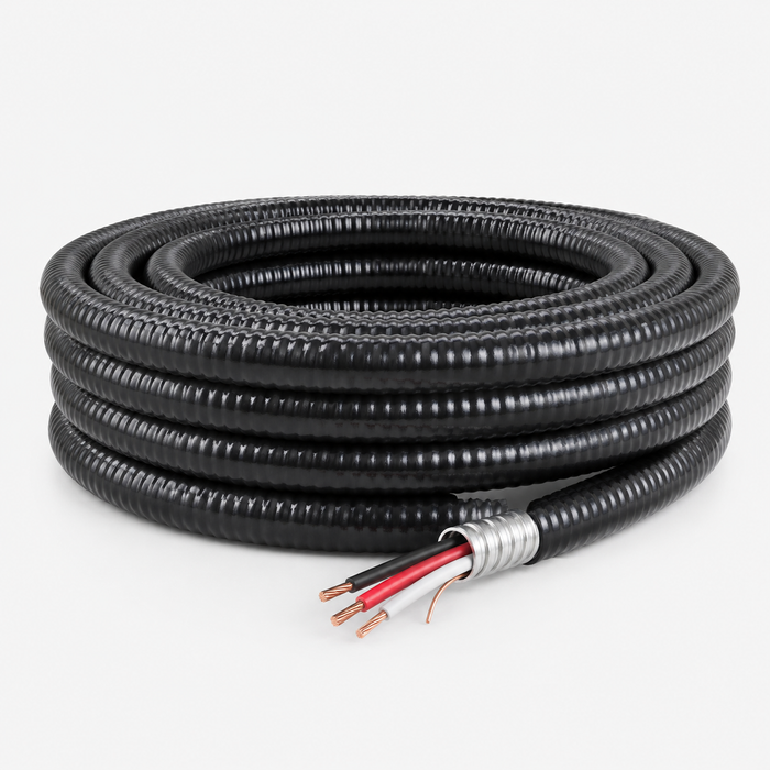 14/3 TECK90 armoured copper cable coiled on a pale white background with black, red, and white insulated conductors and bare copper ground exposed