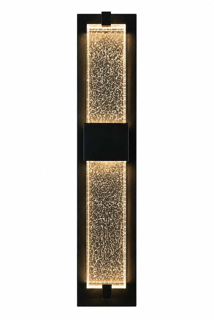 Front view of 18-inch LED crystal bubble glass outdoor wall sconce with warm illuminated bubble acrylic diffuser, black aluminium frame, 5CCT selectable lighting and wet-location exterior rating.