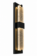 Side angle view of 18-inch LED crystal bubble glass outdoor wall sconce with illuminated acrylic bubble diffuser, black aluminium housing, warm LED glow and 5CCT selectable lighting for exterior wall applications in Canada.