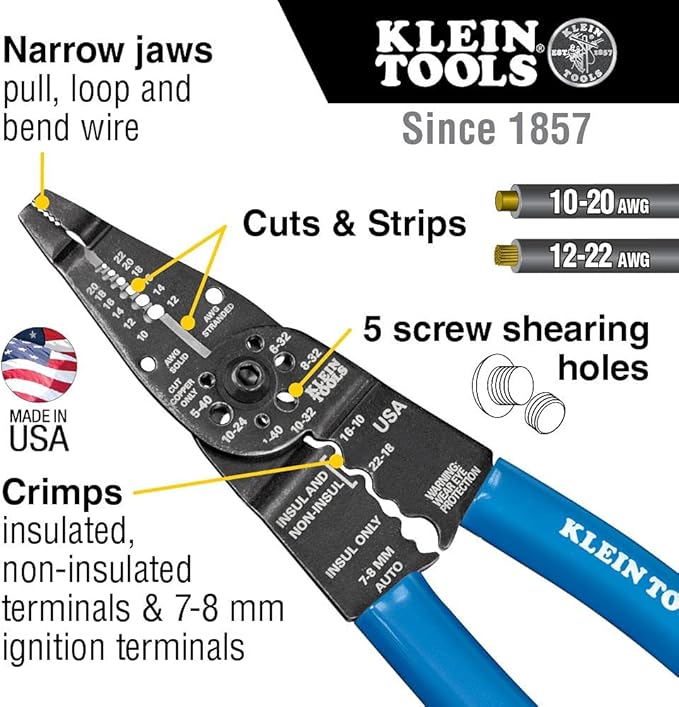 Klein Tools 1010 Multi-Purpose Long Nose Wire Cutter, Crimper, Stripper & Bolt Cutter – 8-Inch Electrician’s Tool 74404-4