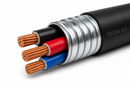 8/3 TECK90 armoured copper cable close up showing three 8 AWG insulated conductors aluminum interlocked armor and black outer jacket on white background