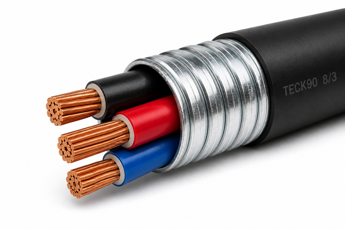 8/3 TECK90 armoured copper cable close up showing three 8 AWG insulated conductors aluminum interlocked armor and black outer jacket on white background