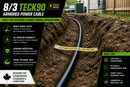 8/3 TECK90 armoured cable installed in underground trench for direct burial application with caution electrical line warning tape in Canadian residential setting