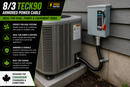 8/3 TECK90 armoured cable connected to outdoor HVAC unit and electrical disconnect showing equipment feeder installation in Canadian residential setting