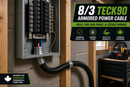 8/3 TECK90 armoured cable installed into electrical sub panel showing feeder wiring setup in garage or utility room for Canadian electrical installation
