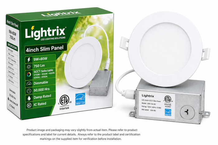 Lightrix 4 inch LED slim panel potlight 9W 750 lumens 5CCT selectable with junction box model SPK-G4-9X ETL Intertek certified Energy Star wet location rated