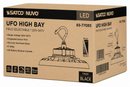 SATCO 65-770R3 UFO high bay LED light packaging box showing field selectable wattage and color temperature, 120-347V operation, integrated sensor port, die-cast aluminum body, IP65 rating, 0-10V dimming and black finish