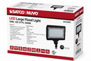 SATCO 65-539R1 LED large flood light 3D packaging carton showing 50W power, 5000K daylight output, 6800 lumens, IP65 wet location rating, 0-10V dimming and commercial outdoor flood lighting specifications
