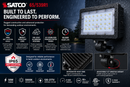 SATCO 65-539R1 LED large flood light durability infographic highlighting IP65 wet location rating, die-cast aluminum housing, impact-resistant lens, UV stabilized powder-coated finish, integrated heat sink, adjustable knuckle mount and 50000-hour commercial outdoor lighting performance