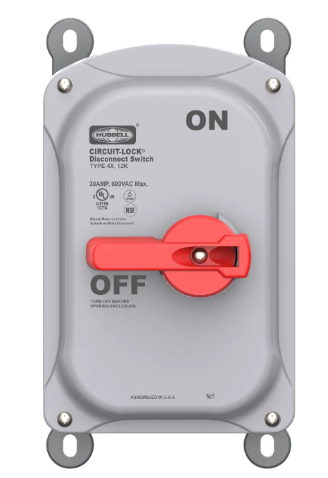 Industrial Grade, Motor Disconnect, Unfused, 3 Pole, 30A 600V AC, Screw Terminals, IP69k, NEMA Type 4X, 12 Non-Metallic Sloped Top Enclosure, HBLAC2 Aux Contact