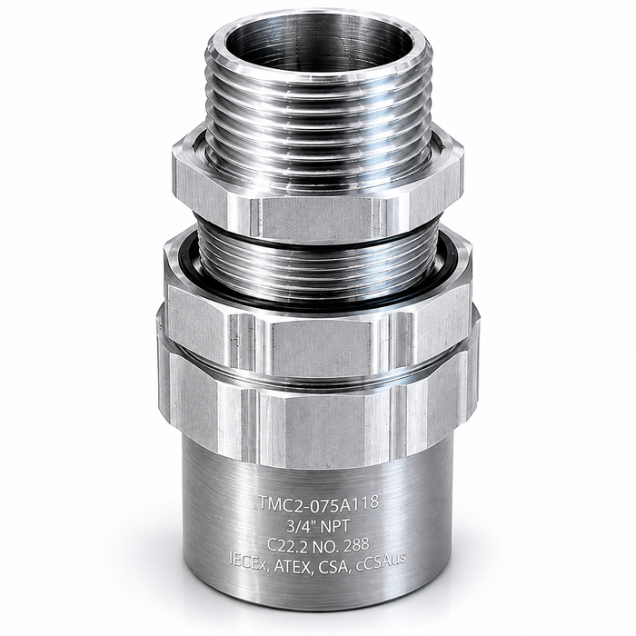 CMP TMC2-075A118 3/4 inch NPT aluminum TECK connector for 8/3 and 6/3 TECK90 and armoured cable applications with IP66 IP68 and IP69 protection