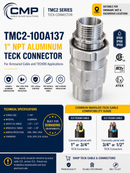 CMP TMC2-100A137 1 inch NPT aluminum TECK connector infographic showing specifications compatibility and ingress protection ratings