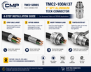 CMP TMC2-100A137 1 inch NPT aluminum TECK connector installation guide showing cable preparation armour exposure cable insertion and connector tightening steps