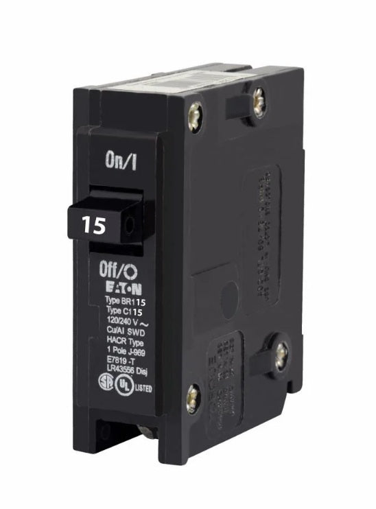 Eaton BR115 15A single-pole Type BR plug-on circuit breaker angled front view