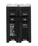 Eaton BR215 15A double-pole circuit breaker front view showing common-trip handle