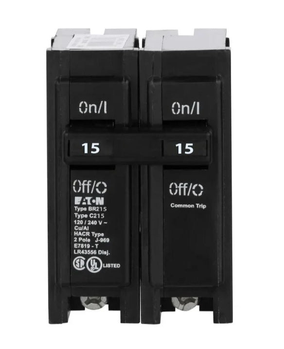 Eaton BR215 15A double-pole circuit breaker front view showing common-trip handle