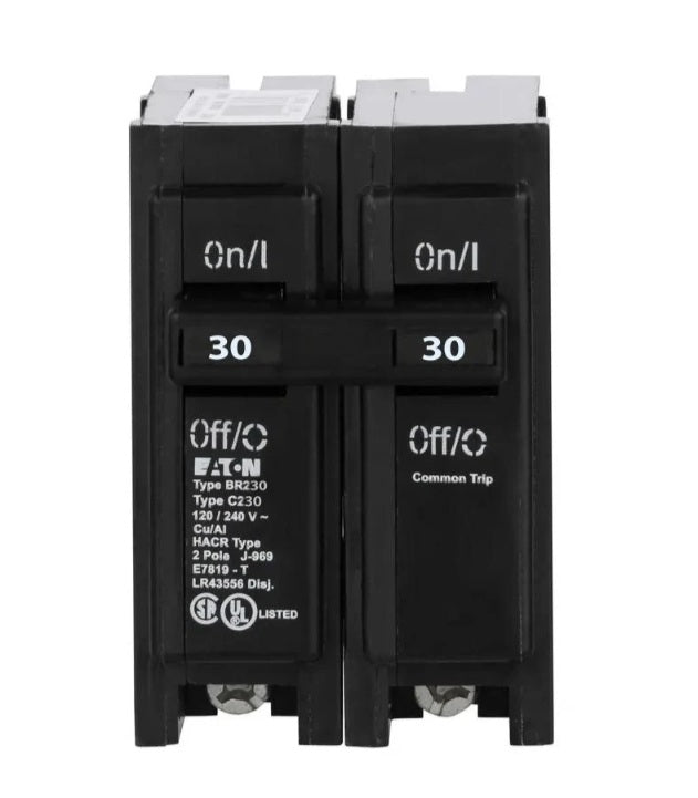 Eaton BR230 30A double-pole circuit breaker front view showing common-trip handle