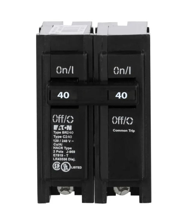 Eaton BR240 40A double-pole circuit breaker front view showing common-trip handle