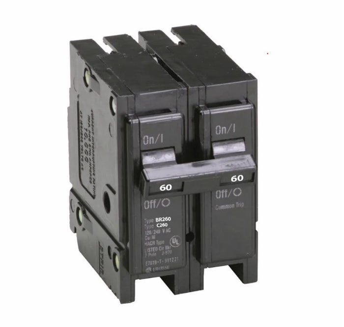Eaton BR260 60A double-pole Type BR common-trip circuit breaker angled front view
