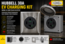 Hubbell 30A EV receptacle kit with NEMA 14-30R outlet, stainless steel wall plate and weatherproof box with open cover.