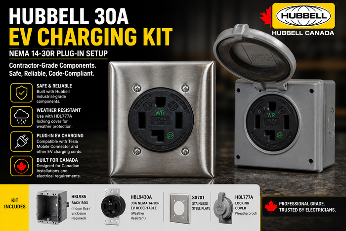 Hubbell 30A EV receptacle kit with NEMA 14-30R outlet, stainless steel wall plate and weatherproof box with open cover.