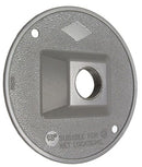 Hubbell Bell 5193-0 gray round weatherproof cluster cover with one 1/2 inch threaded outlet for outdoor lighting and compatible Bell 5361-0 weatherproof box installations in Canada.