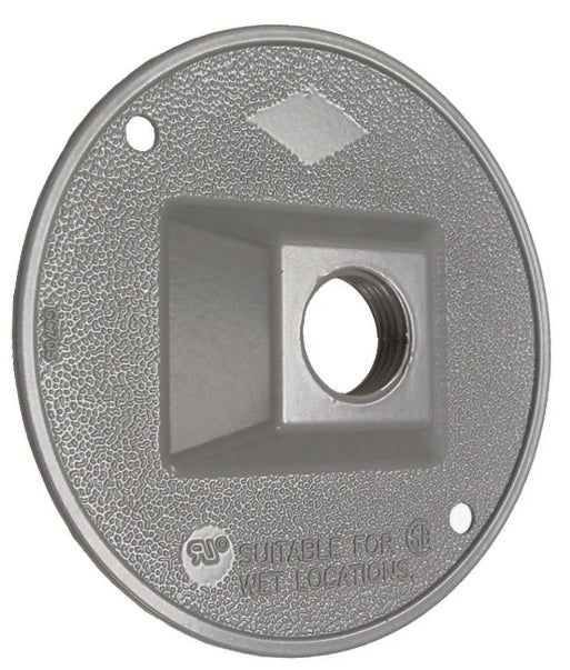 Hubbell Bell 5193-0 gray round weatherproof cluster cover with one 1/2 inch threaded outlet for outdoor lighting and compatible Bell 5361-0 weatherproof box installations in Canada.