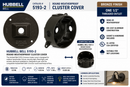 Hubbell Bell 5193-2 bronze round weatherproof cluster cover with one 1/2 inch threaded outlet shown with compatible 5361-2 bronze weatherproof box, highlighting NEMA 3R rating, die-cast aluminum construction, and outdoor electrical applications in Canada.