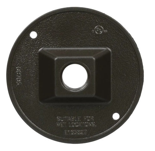Hubbell Bell 5193-2 bronze round weatherproof cluster cover with one 1/2 inch threaded outlet for outdoor lighting and compatible Bell 5361-2 weatherproof box installations in Canada