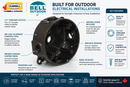 Hubbell Bell 5361-2 weatherproof electrical box showing 1/2 inch threaded outlets die cast aluminum construction and NEMA 3R outdoor rating