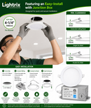 Lightrix 4 inch LED slim panel potlight installation guide showing 4-1/4 inch drywall cutout, junction box wiring, and easy install steps model SPK-G4-9X