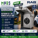 RAB Design 086086 outdoor EV and RV power outlet box with 50A NEMA 14-50R receptacle, now available at Mars Lighting for Tesla, BYD and EV charger installations in Canada