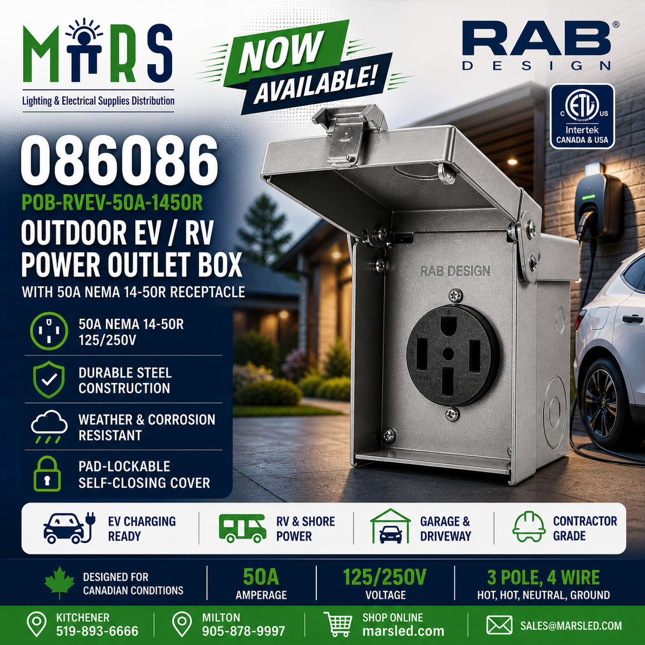 RAB 086086 50A NEMA 14-50R EV/RV Outlet Box Canada | EV Charging Canada ...