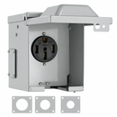 RAB Design 086086 outdoor EV and RV power outlet box with 50A NEMA 14-50R receptacle, steel enclosure and mounting plates on white background for Canadian electrical installations