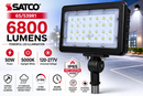 SATCO 65-539R1 commercial LED flood light infographic highlighting 6800 lumens, 50W power, 5000K daylight output, 120-277V universal voltage, 0-10V dimming, IP65 wet location rating and 50000 hour life