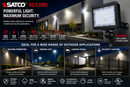 SATCO 65-539R1 LED large flood light application infographic showing commercial building perimeter lighting, parking lot illumination, loading dock lighting and outdoor security lighting with 6800 lumens, IP65 rating and 5000K daylight output