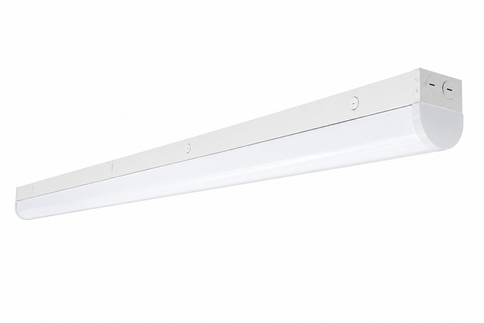 SATCO 65-703R1 8 foot LED linear strip light with integrated LED diffuser, selectable wattage 60W 70W 80W, selectable 3500K 4000K 5000K color temperature and 120-347V commercial lighting fixture on white background