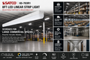 SATCO 65-703R1 8 foot LED linear strip light infographic showing warehouse lighting, distribution center lighting, utility room lighting and commercial corridor applications with selectable wattage, selectable color temperature, DLC listing and commercial-grade performance