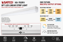 SATCO 65-703R1 8 foot LED linear strip light infographic showing selectable wattage 60W 70W 80W, selectable color temperature 3500K 4000K 5000K, field selectable switch location, 120-347V operation, DLC listed certification and 0-10V dimming