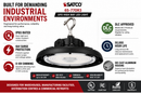SATCO 65-770R3 UFO LED high bay infographic highlighting IP65 rated construction, DLC approved certification, 0-10V dimming, 6kV surge protection, die-cast aluminum housing, 120-347V operation and 50000 hour life for warehouse and industrial lighting applications