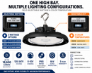 SATCO 65-770R3 UFO LED high bay infographic showing selectable wattage 80W 100W 120W, selectable color temperature 3000K 4000K 5000K, up to 18600 lumens, 120-347V operation, 0-10V dimming, IP65 rating and warehouse lighting applications