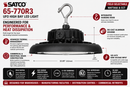 SATCO 65-770R3 UFO LED high bay side profile infographic showing die-cast aluminum housing, integrated hanging hook, thermal cooling fins and industrial-grade construction for warehouse and commercial lighting applications
