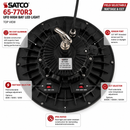 SATCO 65-770R3 UFO LED high bay top view infographic showing die-cast aluminum heat sink, hanging hook, selectable wattage 80W 100W 120W, selectable color temperature 3000K 4000K 5000K, sensor port and IP65 rated industrial construction