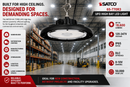 SATCO 65-770R3 UFO LED high bay lighting fixture used in warehouses, distribution centres, manufacturing facilities, gymnasiums and large commercial spaces with up to 18600 lumens and IP65 rated performance