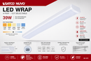 SATCO NUVO 65-1211 4FT 39W LED wrap fixture infographic showing 5CCT selectable settings, 3400 lumens, 90+ CRI, 120–277V input, damp rating and commercial lighting applications